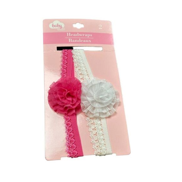 Baby Headwraps Bandeaux 2-Pack Pink & White Flower Design Elastic Soft & Comfort - Picture 1 of 3